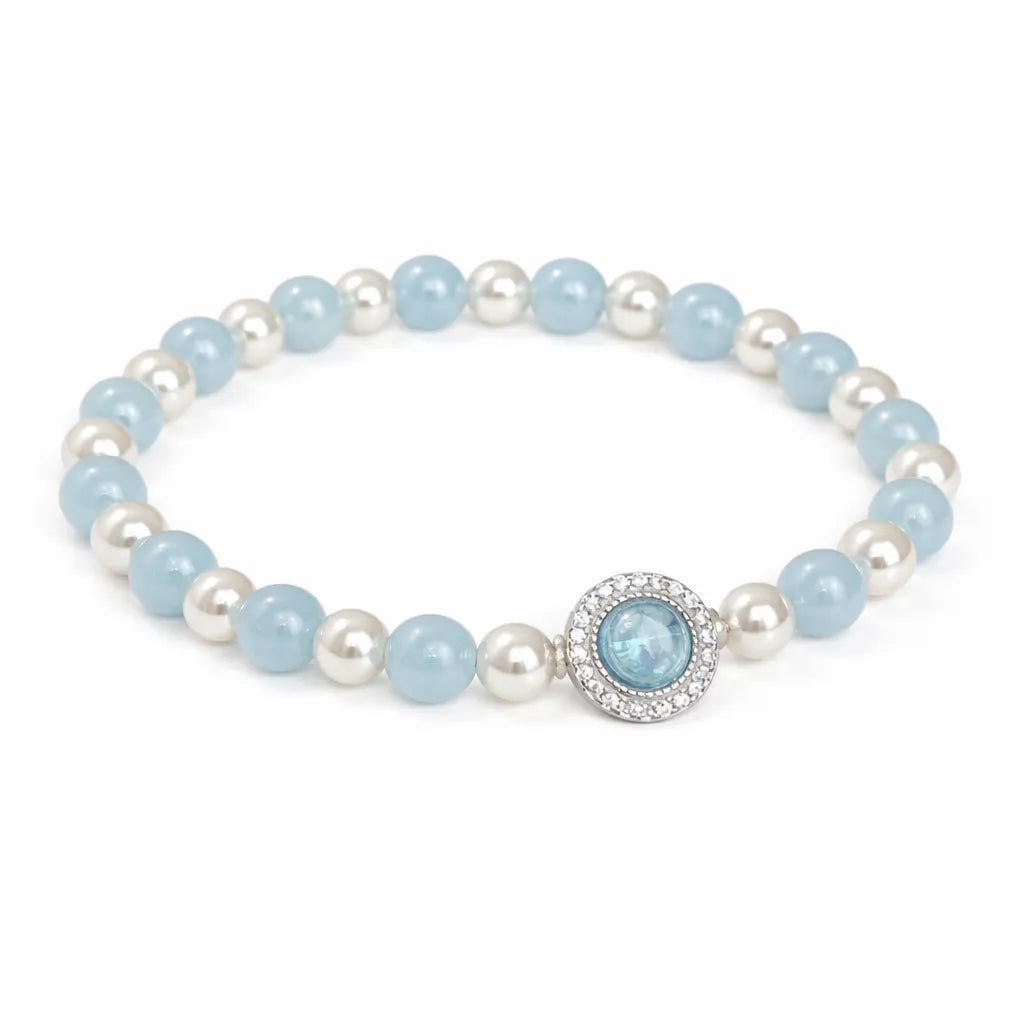 925 Sterling Silver Beaded Bracelet with Aquamarine and Imitation Pearl Beads