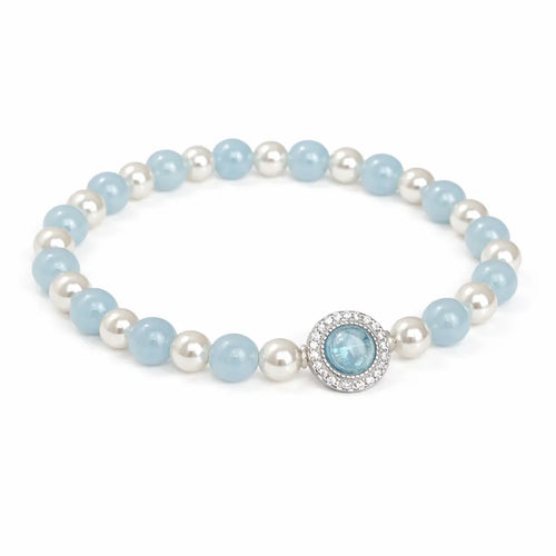 925 Sterling Silver Beaded Bracelet with Aquamarine and Imitation Pearl Beads