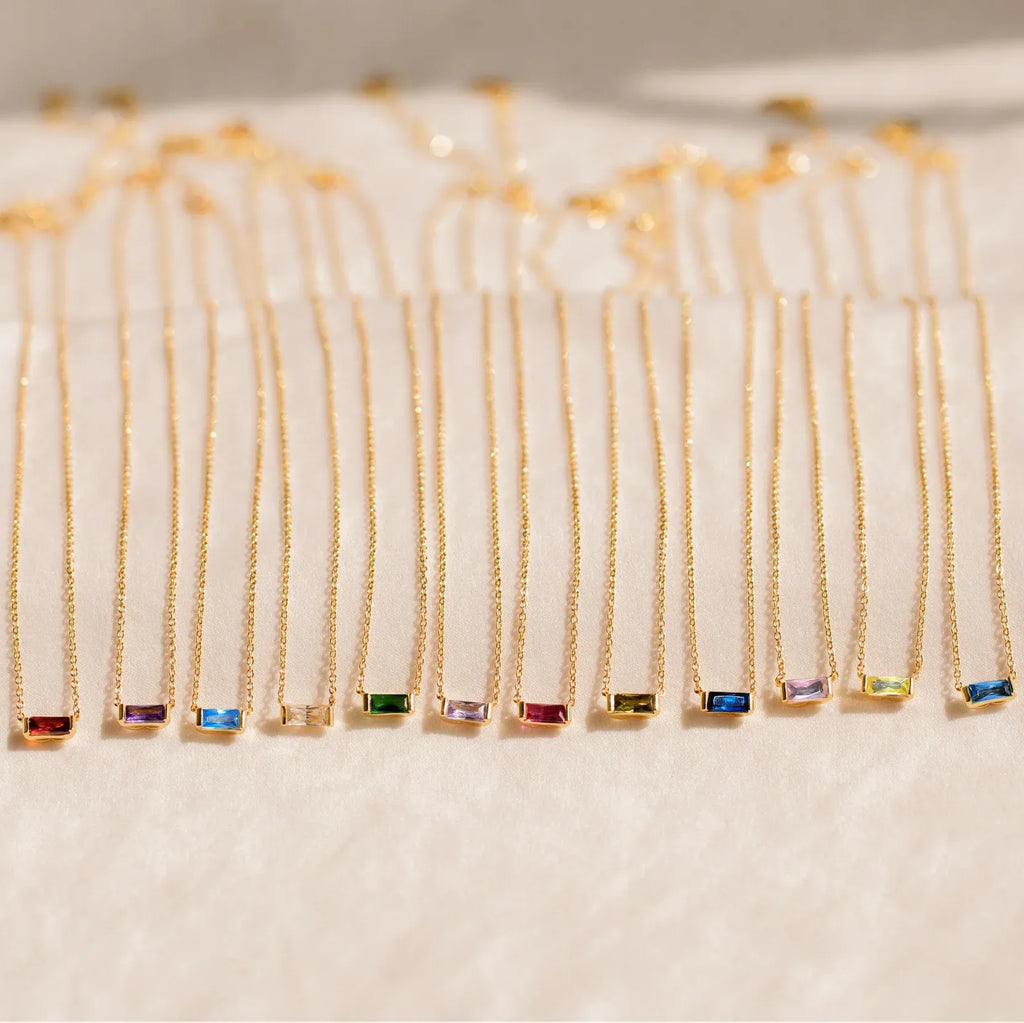 925 Sterling Silver Birthstone Necklace with Rectangular Stone