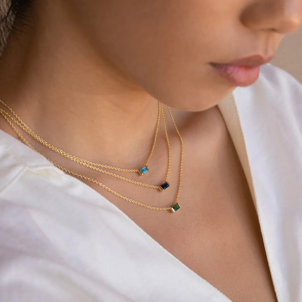 925 Sterling Silver Birthstone Necklace with Rectangular Stone