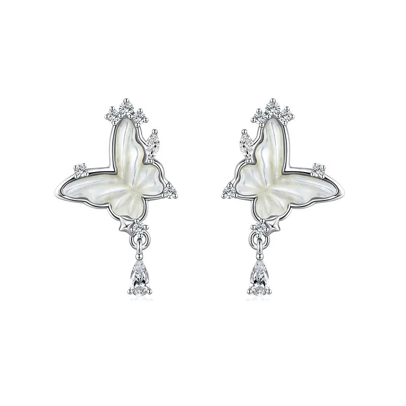 Butterfly Stud Earrings in 925 Sterling Silver with Mother of Pearl