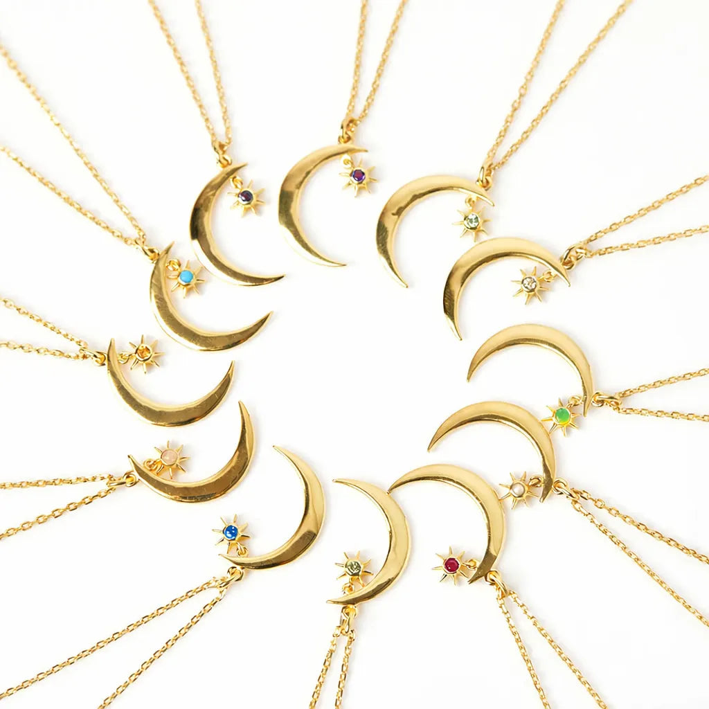 Crescent Moon Necklace in 925 Sterling Silver with Birthstone Drop