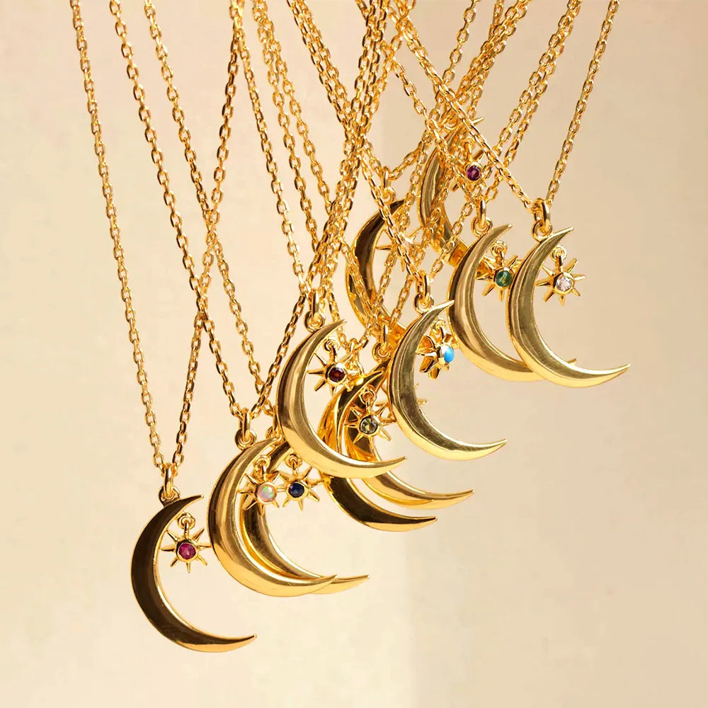 Crescent Moon Necklace in 925 Sterling Silver with Birthstone Drop