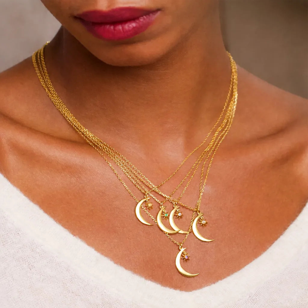 Crescent Moon Necklace in 925 Sterling Silver with Birthstone Drop