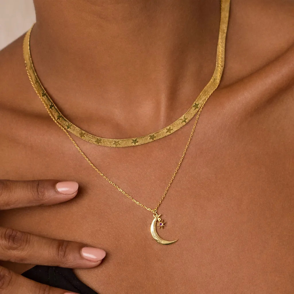 Crescent Moon Necklace in 925 Sterling Silver with Birthstone Drop