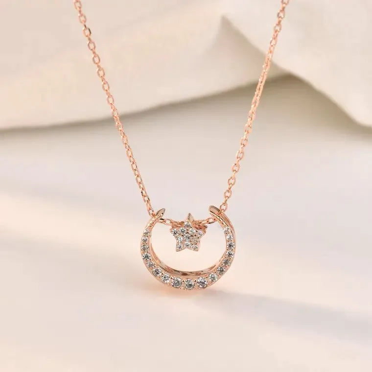 Moon And Star Necklace 925 Sterling Silver Rose Gold Plated With Cubic Zirconia
