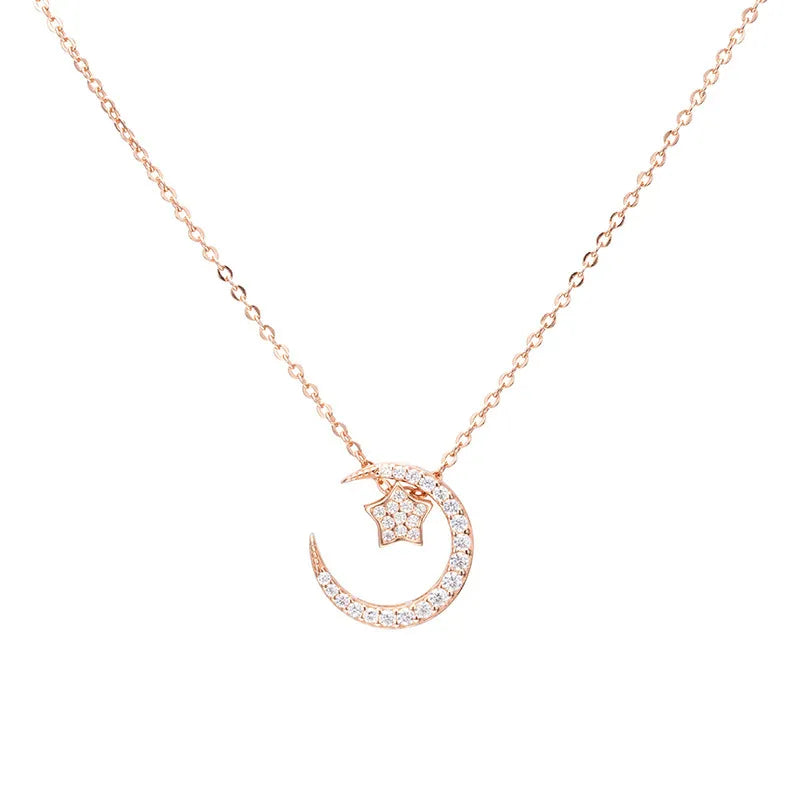 Moon And Star Necklace 925 Sterling Silver Rose Gold Plated With Cubic Zirconia