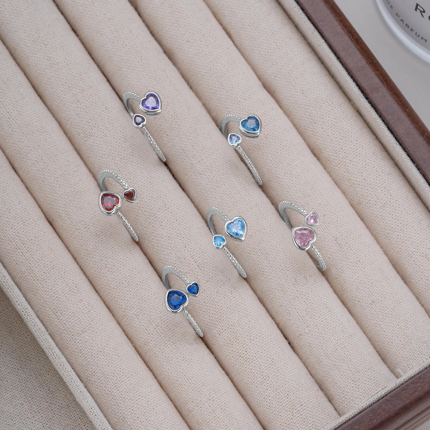 Birthstone Ring in 925 Sterling Silver with Double Heart