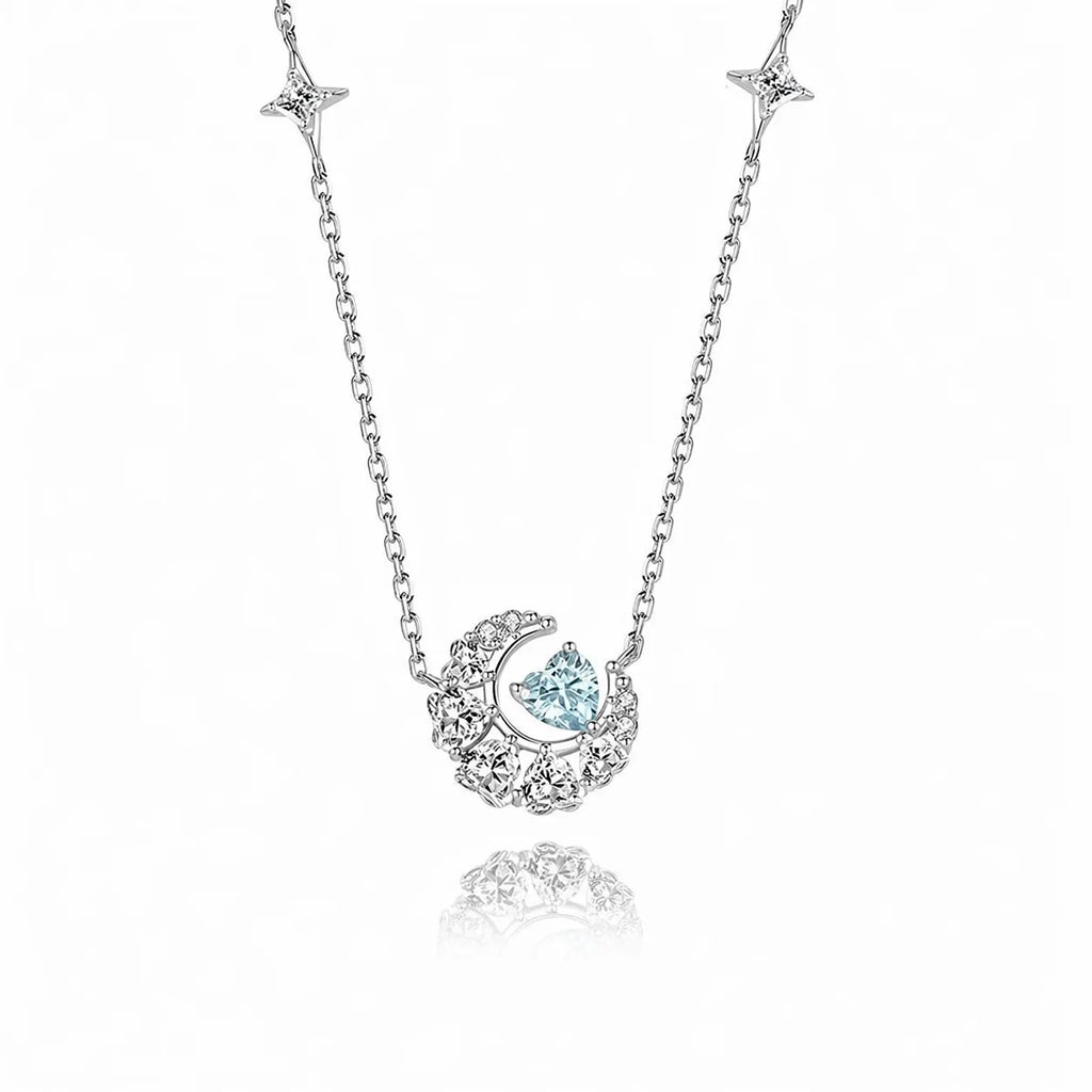 Crescent Moon Necklace in 925 Sterling Silver with Heart Accent