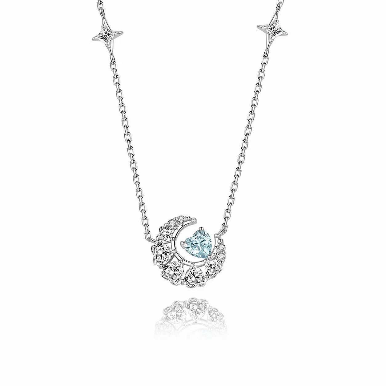 Crescent Moon Necklace in 925 Sterling Silver with Heart Accent