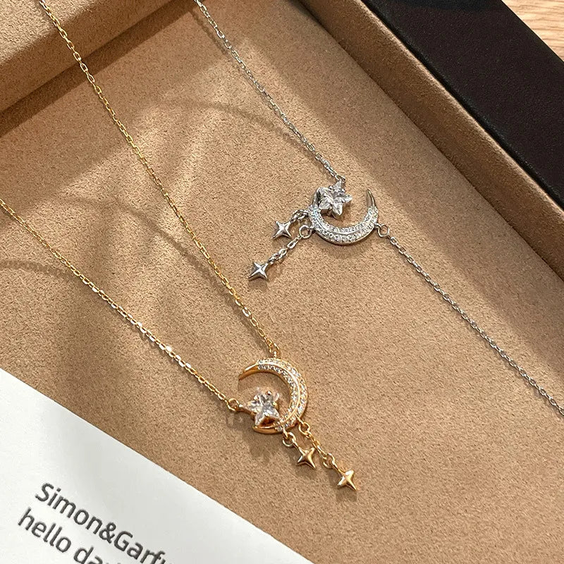 Crescent Moon Necklace 925 Sterling Silver Pendant with Star Drops