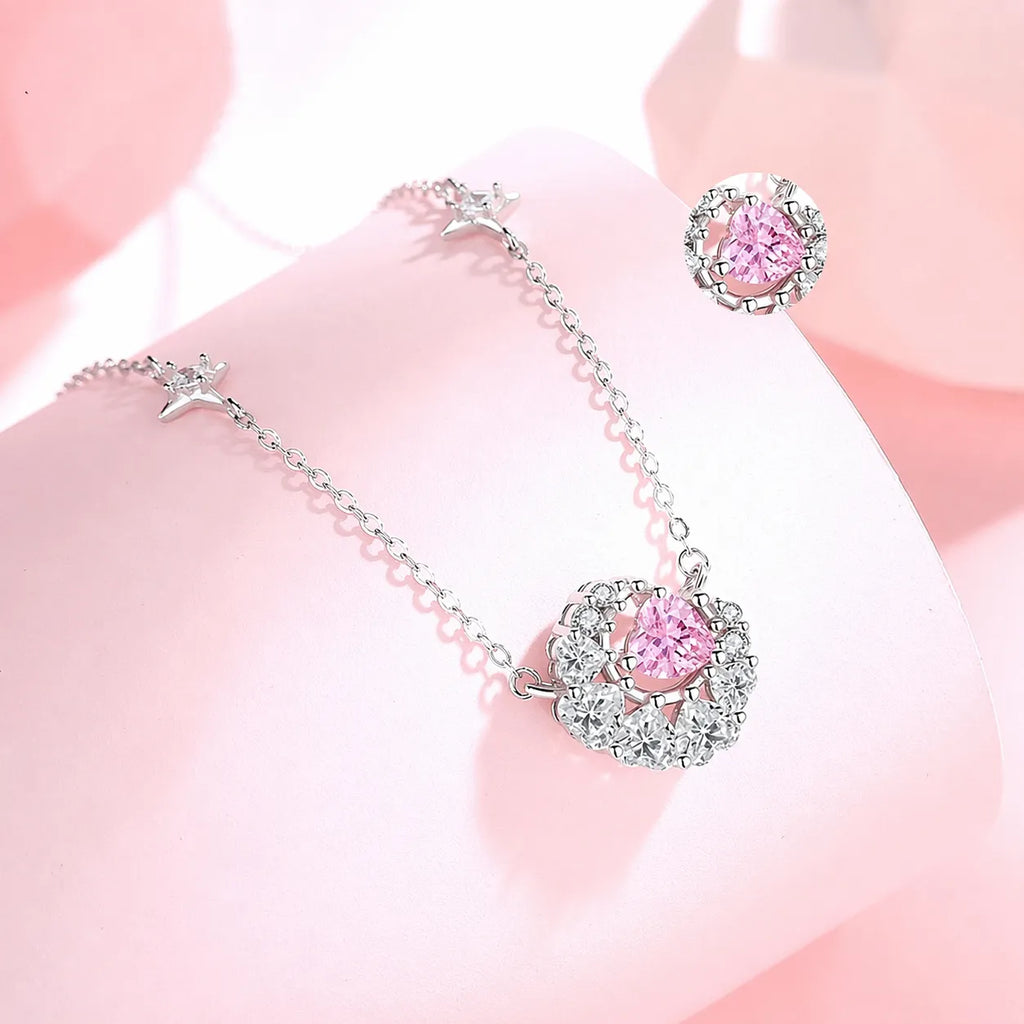 Crescent Moon Necklace in 925 Sterling Silver with Heart Accent