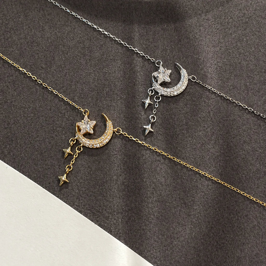 Crescent Moon Necklace 925 Sterling Silver Pendant with Star Drops