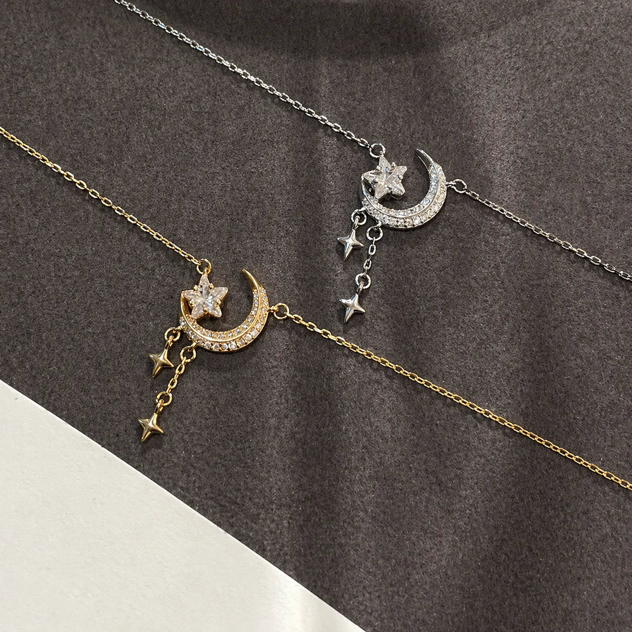 Crescent Moon Necklace 925 Sterling Silver Pendant with Star Drops
