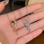 Crescent Moon Necklace 925 Sterling Silver Pendant with Star Drops