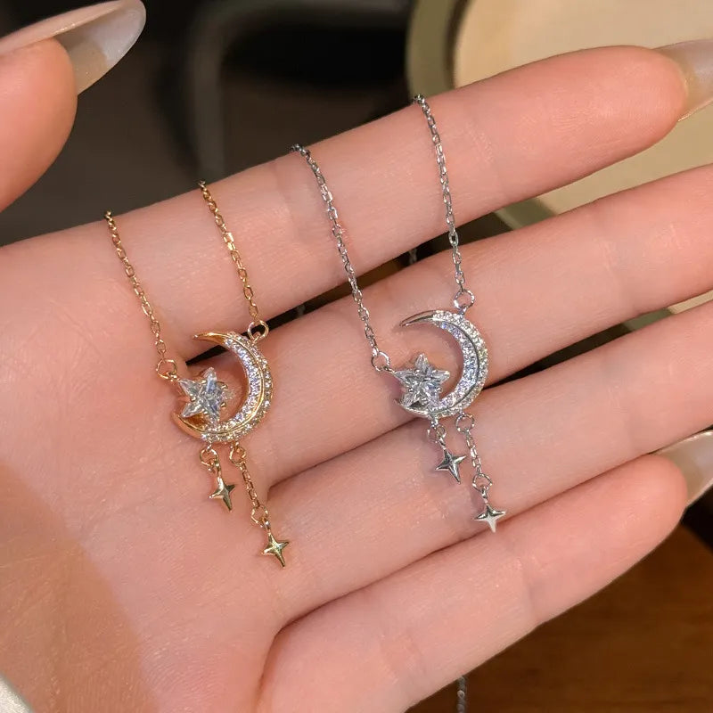 Crescent Moon Necklace 925 Sterling Silver Pendant with Star Drops