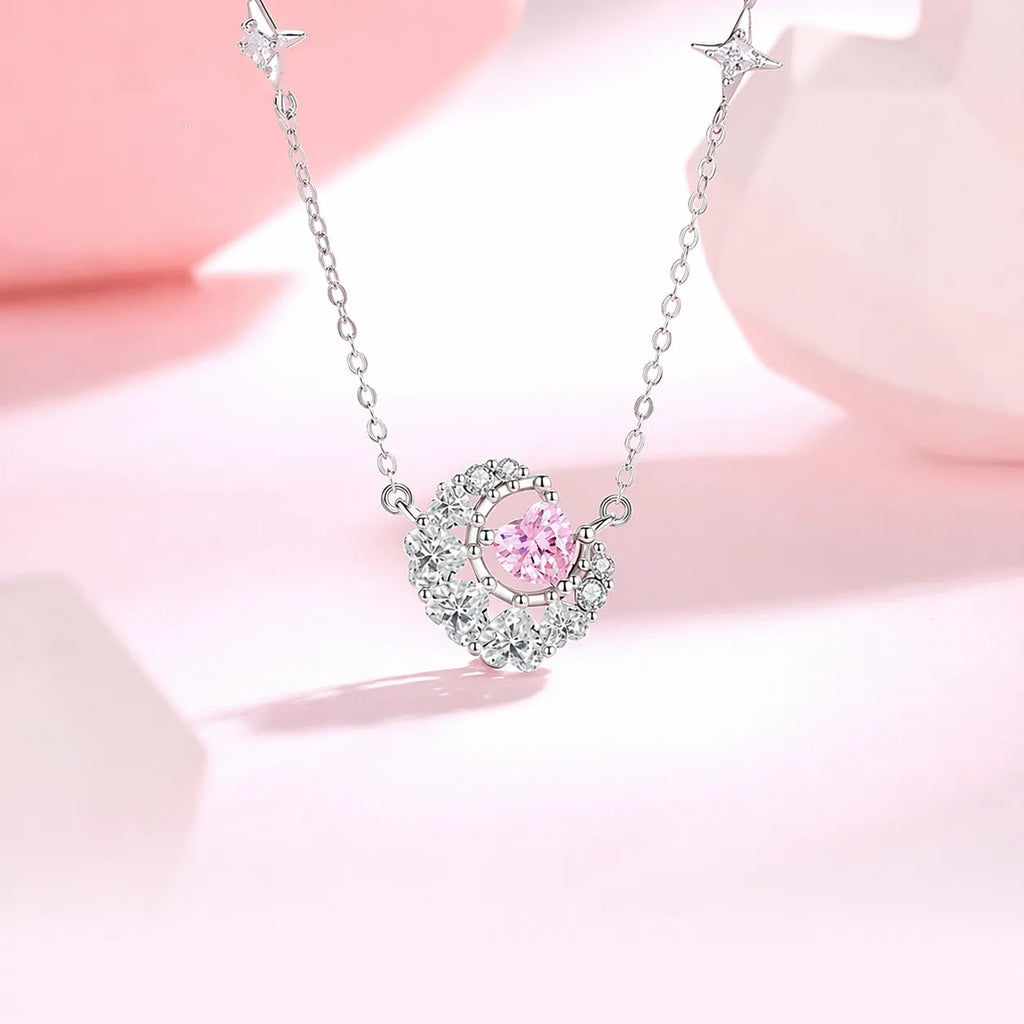 Crescent Moon Necklace in 925 Sterling Silver with Heart Accent