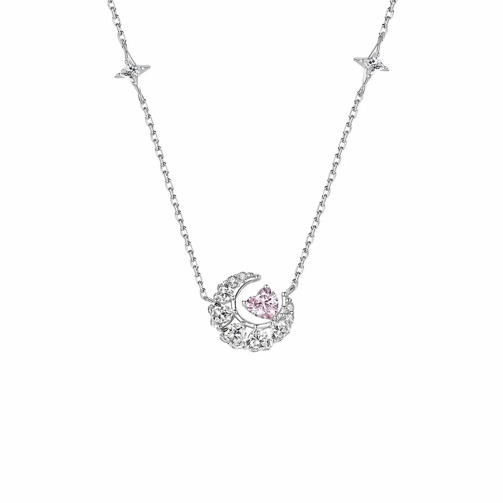 Crescent Moon Necklace in 925 Sterling Silver with Heart Accent