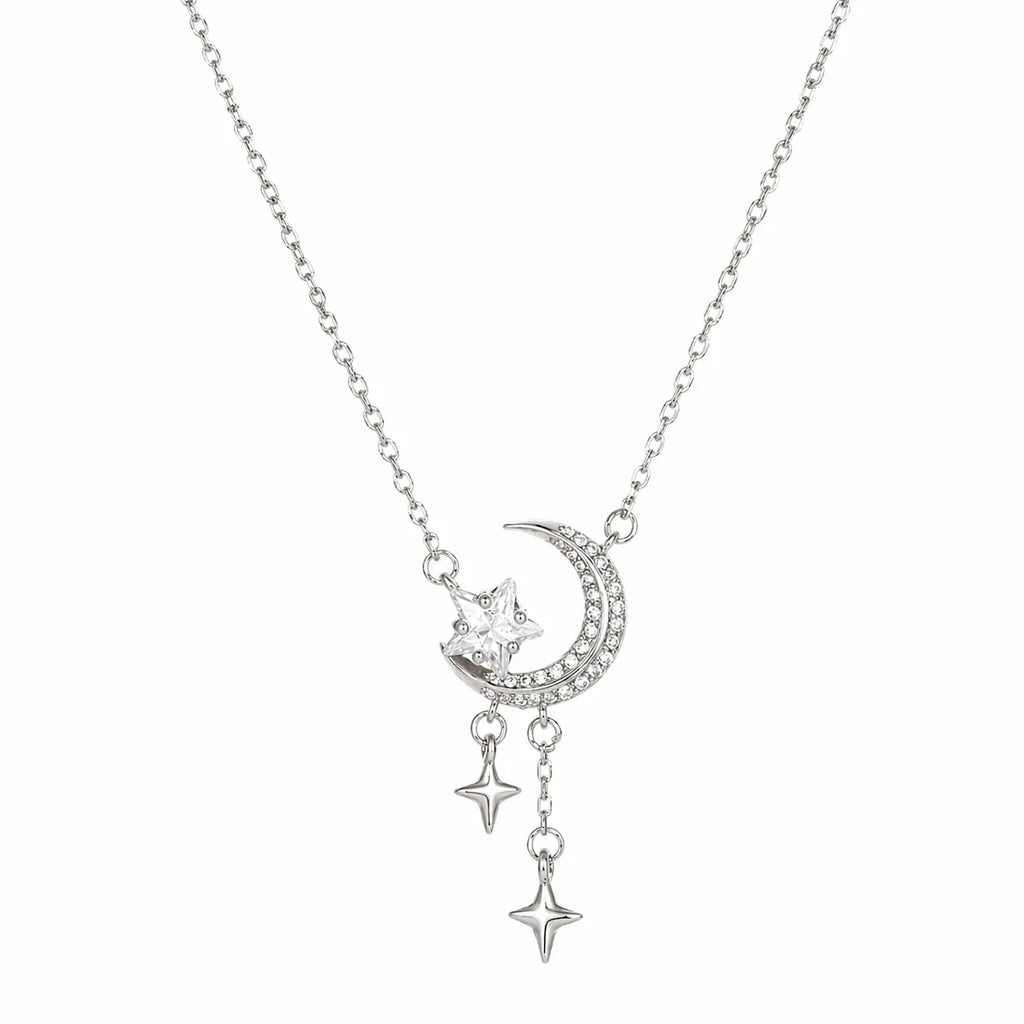 Crescent Moon Necklace 925 Sterling Silver Pendant with Star Drops