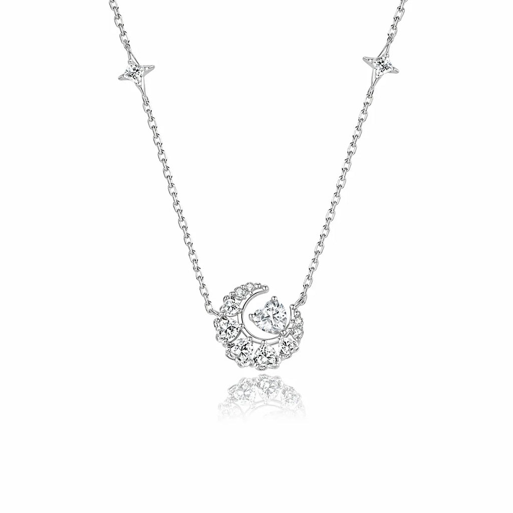 Crescent Moon Necklace in 925 Sterling Silver with Heart Accent
