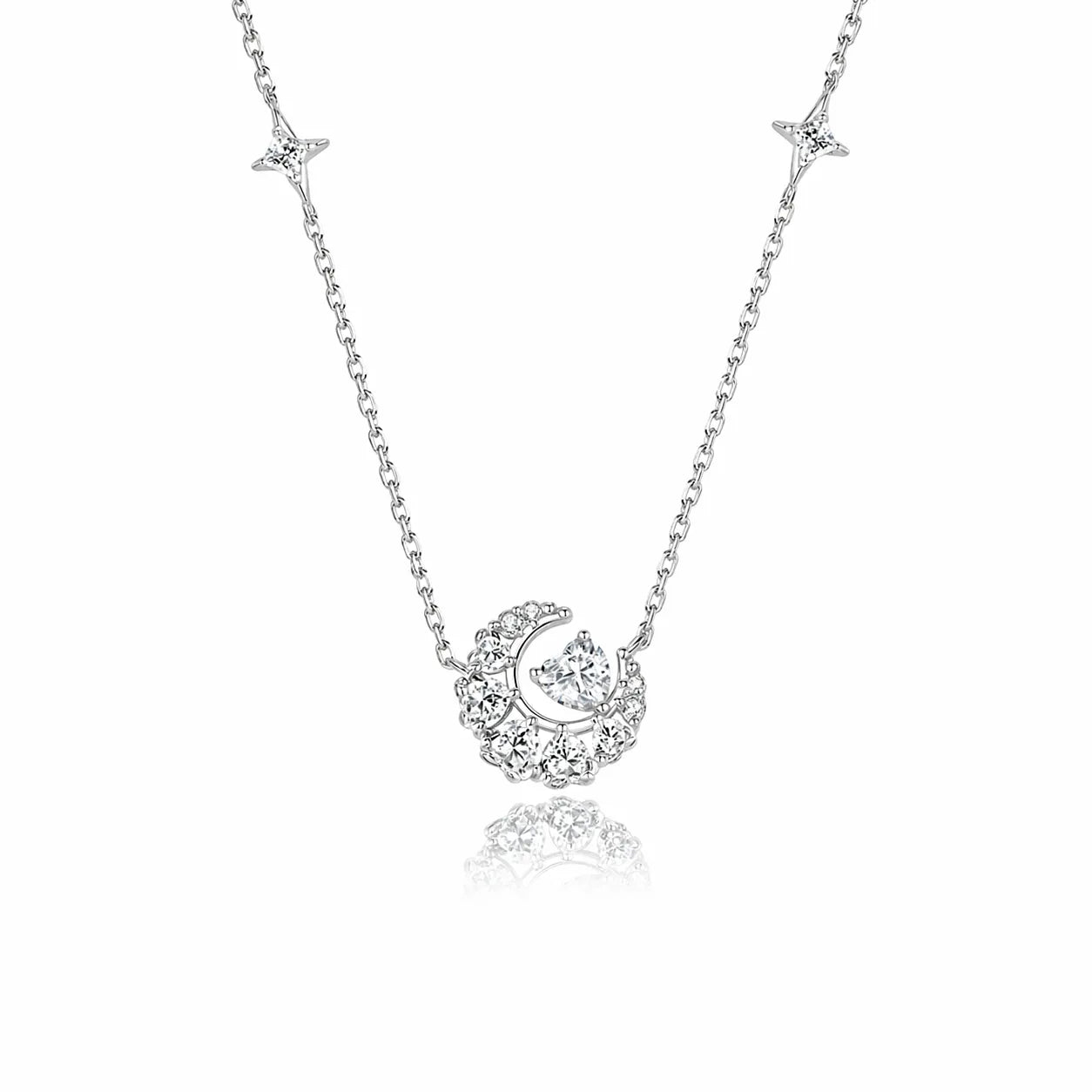 Crescent Moon Necklace in 925 Sterling Silver with Heart Accent
