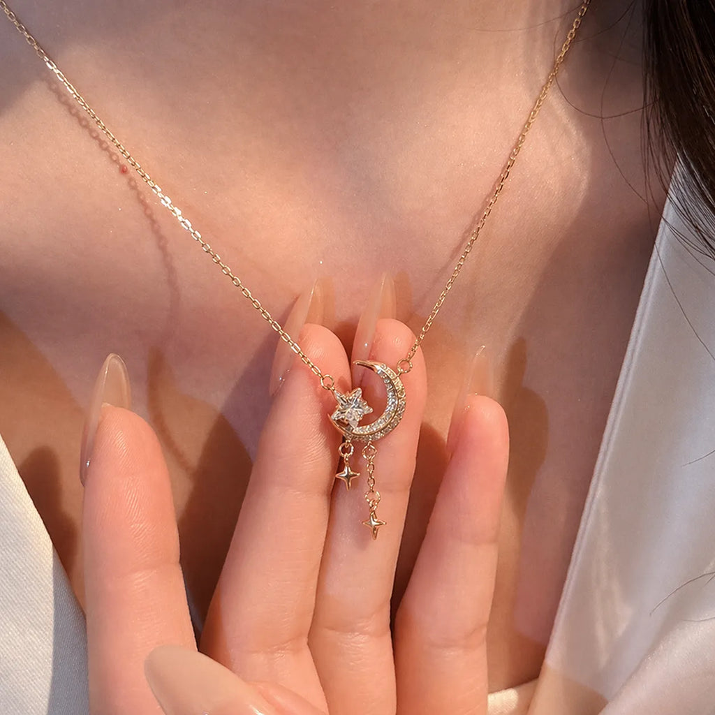 Crescent Moon Necklace 925 Sterling Silver Pendant with Star Drops
