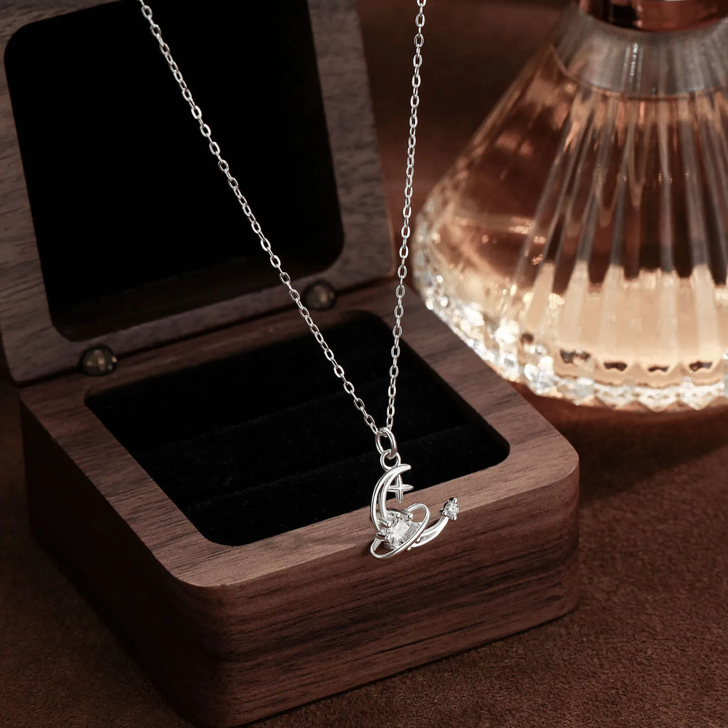 Crescent Moon and Star Necklace in 925 Sterling Silver with Cubic Zirconia