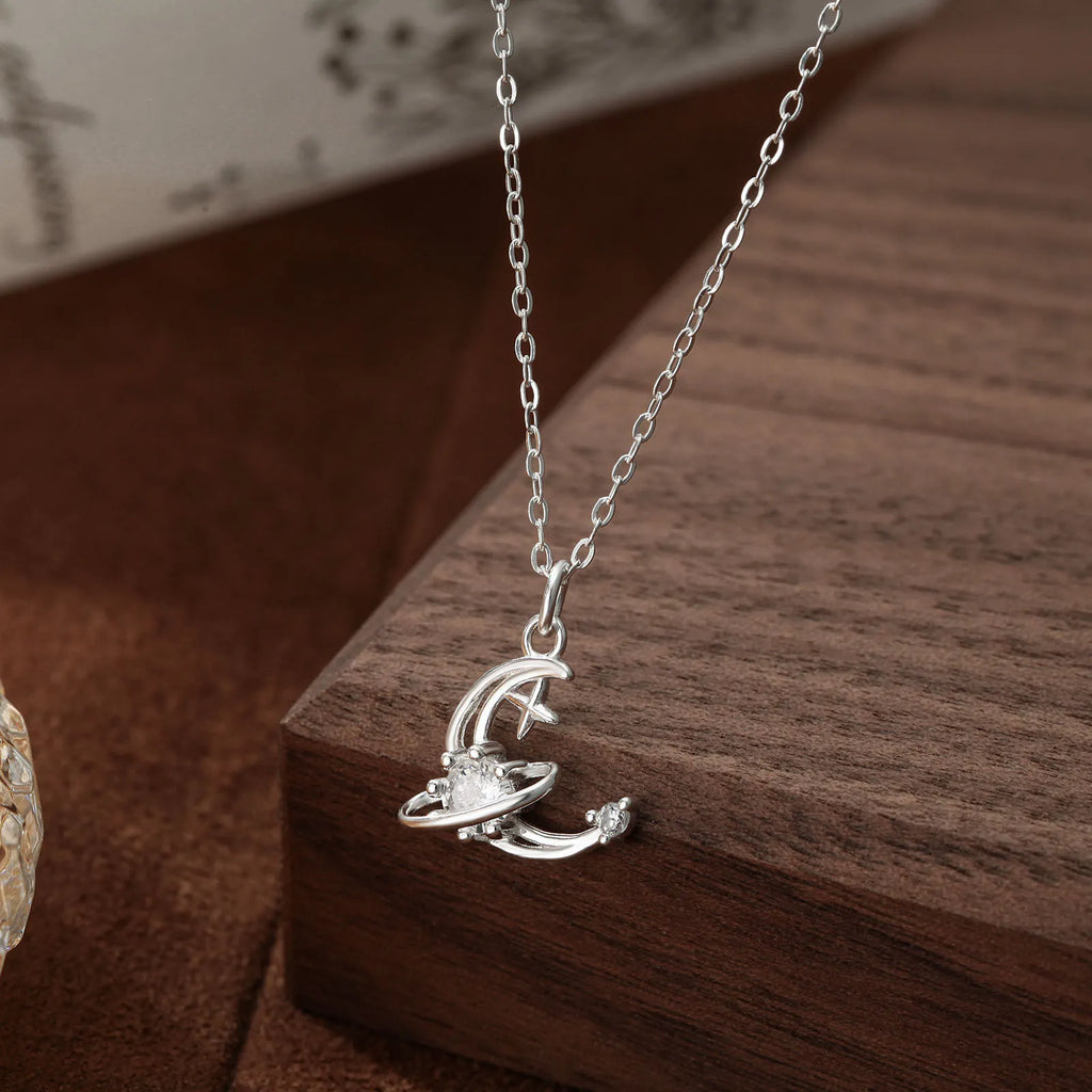 Crescent Moon and Star Necklace in 925 Sterling Silver with Cubic Zirconia
