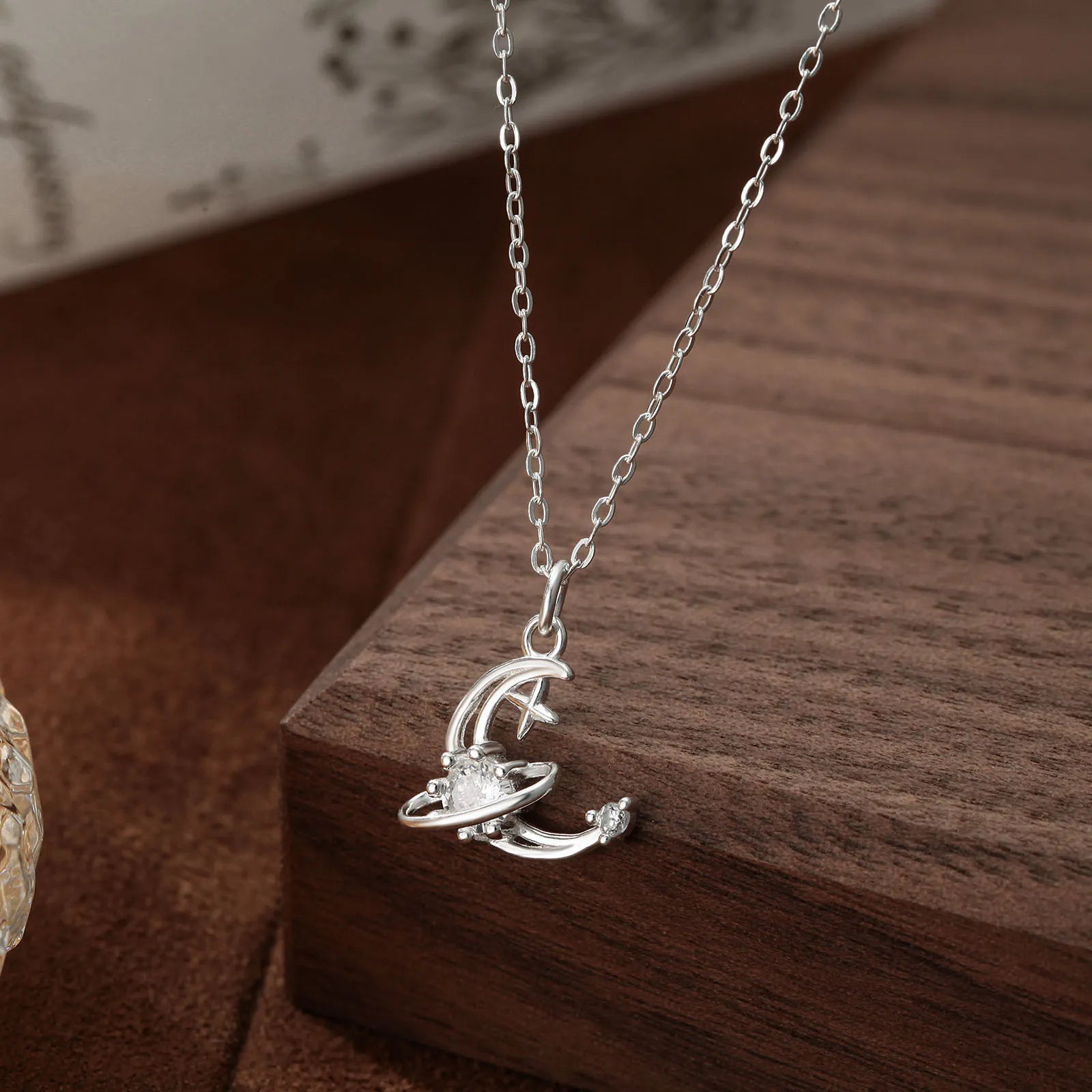 Crescent Moon and Star Necklace in 925 Sterling Silver with Cubic Zirconia