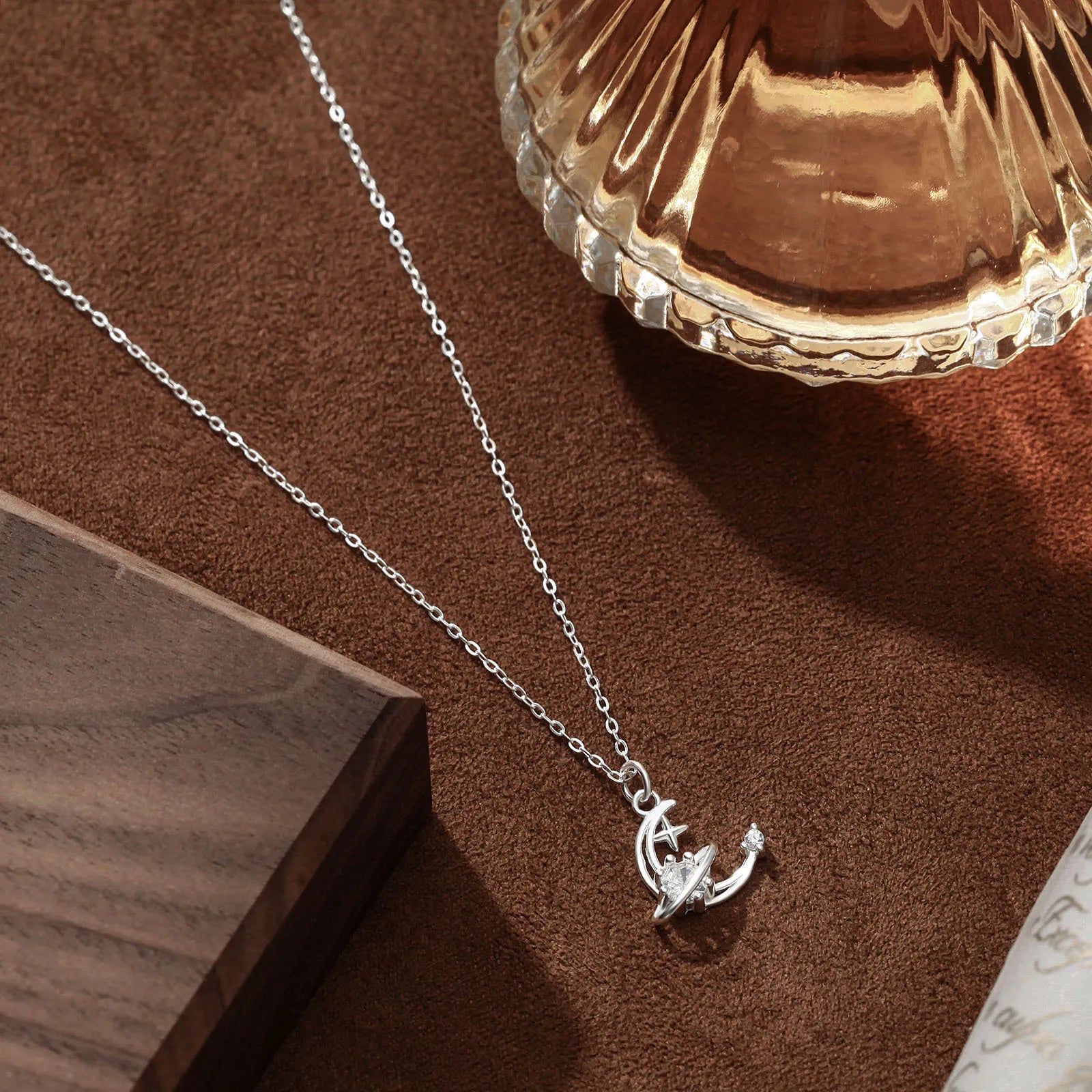 Crescent Moon and Star Necklace in 925 Sterling Silver with Cubic Zirconia