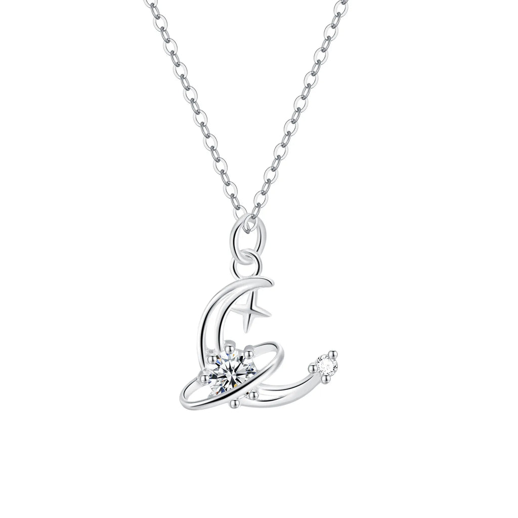 Crescent Moon and Star Necklace in 925 Sterling Silver with Cubic Zirconia