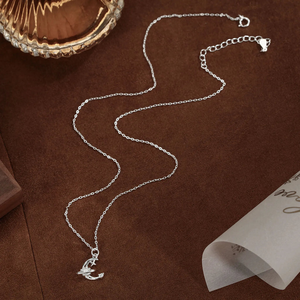 Crescent Moon and Star Necklace in 925 Sterling Silver with Cubic Zirconia