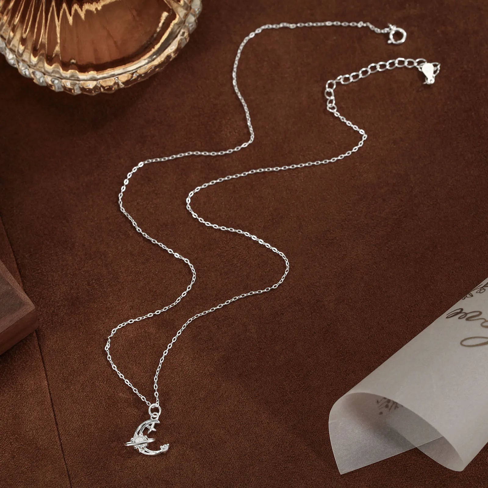 Crescent Moon and Star Necklace in 925 Sterling Silver with Cubic Zirconia