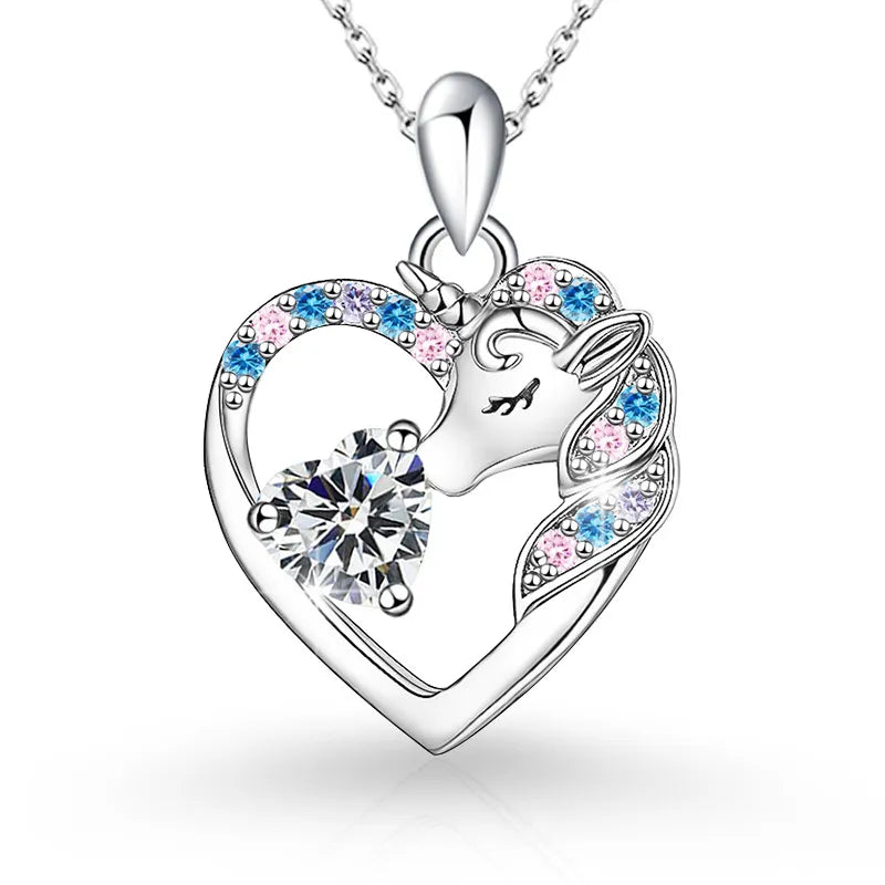 925 Sterling Silver Birthstone Necklace with Unicorn Heart Pendant