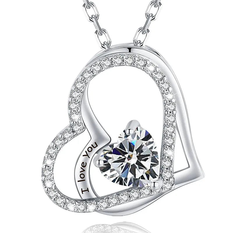 925 Sterling Silver Birthstone Slanted Double Heart Necklace