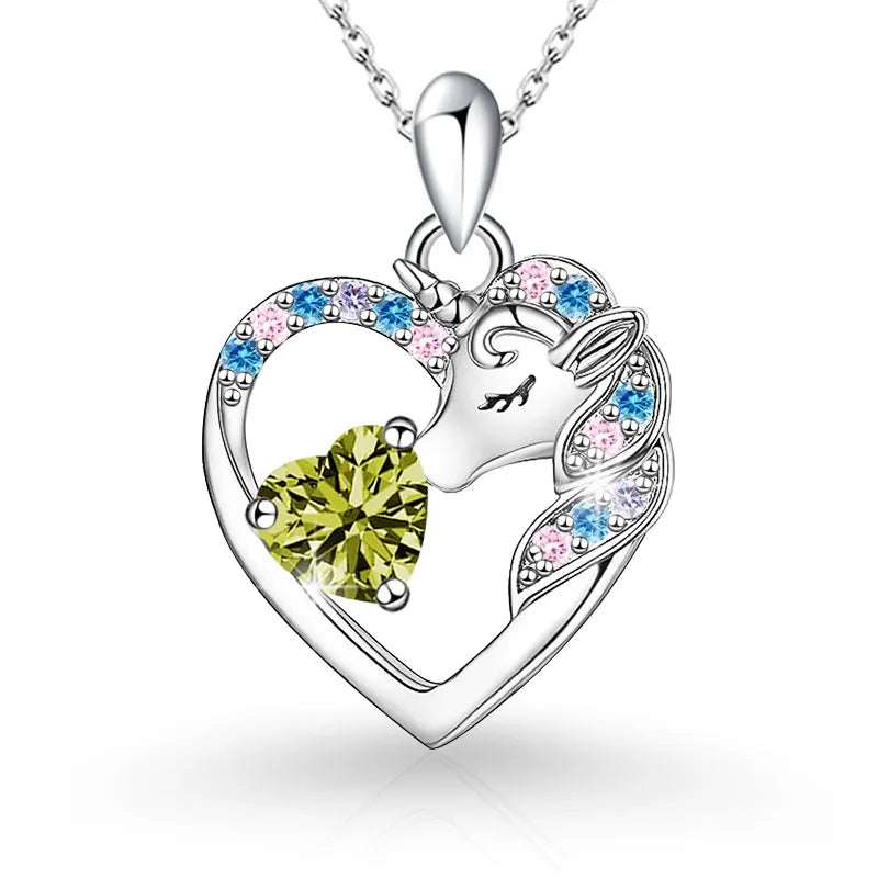 925 Sterling Silver Birthstone Necklace with Unicorn Heart Pendant