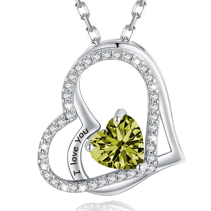 925 Sterling Silver Birthstone Slanted Double Heart Necklace