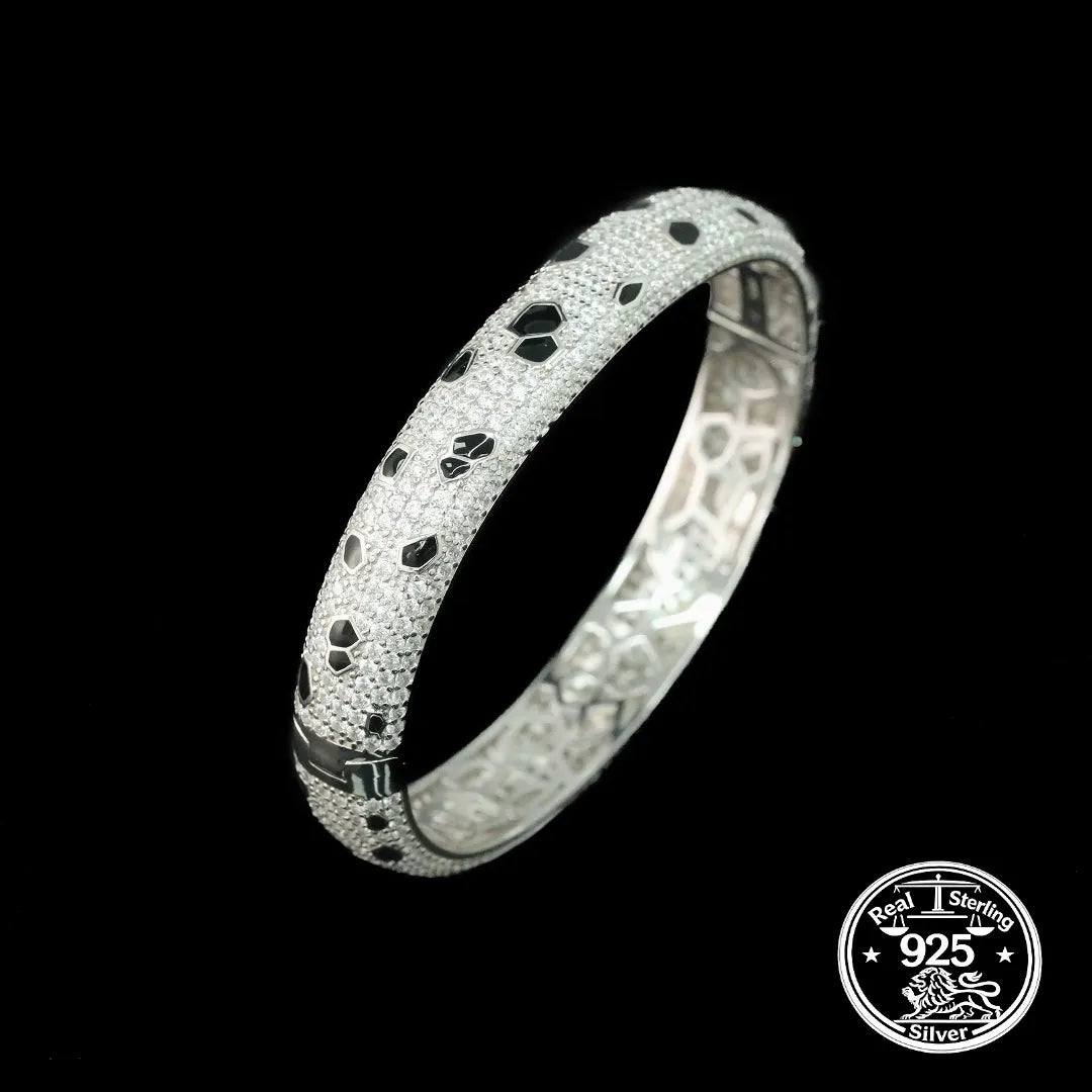 925 Sterling Silver Bangle Bracelet with Cubic Zirconia and Black Enamel