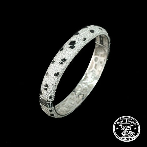 925 Sterling Silver Bangle Bracelet with Cubic Zirconia and Black Enamel