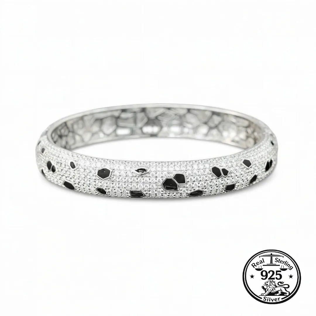 925 Sterling Silver Bangle Bracelet with Cubic Zirconia and Black Enamel