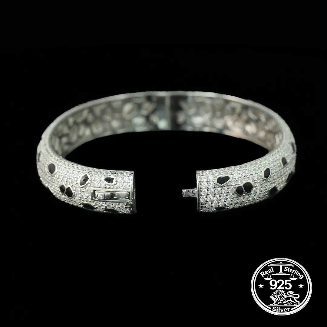 925 Sterling Silver Bangle Bracelet with Cubic Zirconia and Black Enamel