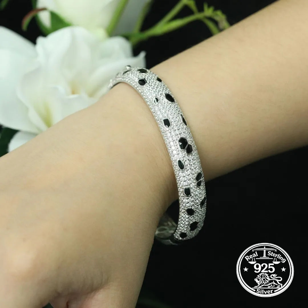 925 Sterling Silver Bangle Bracelet with Cubic Zirconia and Black Enamel