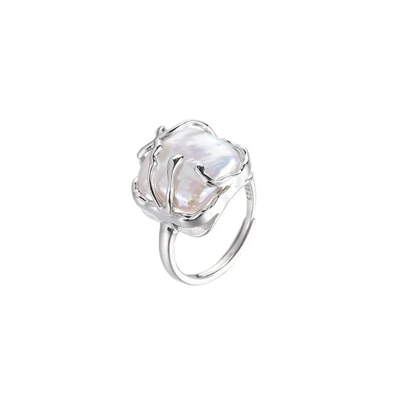 925 Sterling Silver Baroque Pearl Ring Adjustable for Women