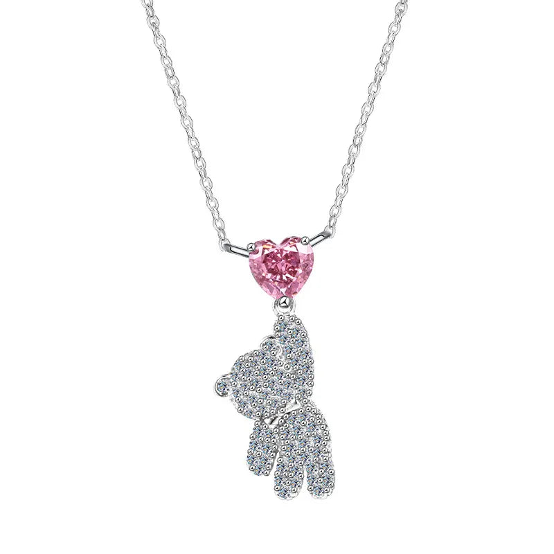 Bear Pendant Necklace 925 Sterling Silver Pink Heart