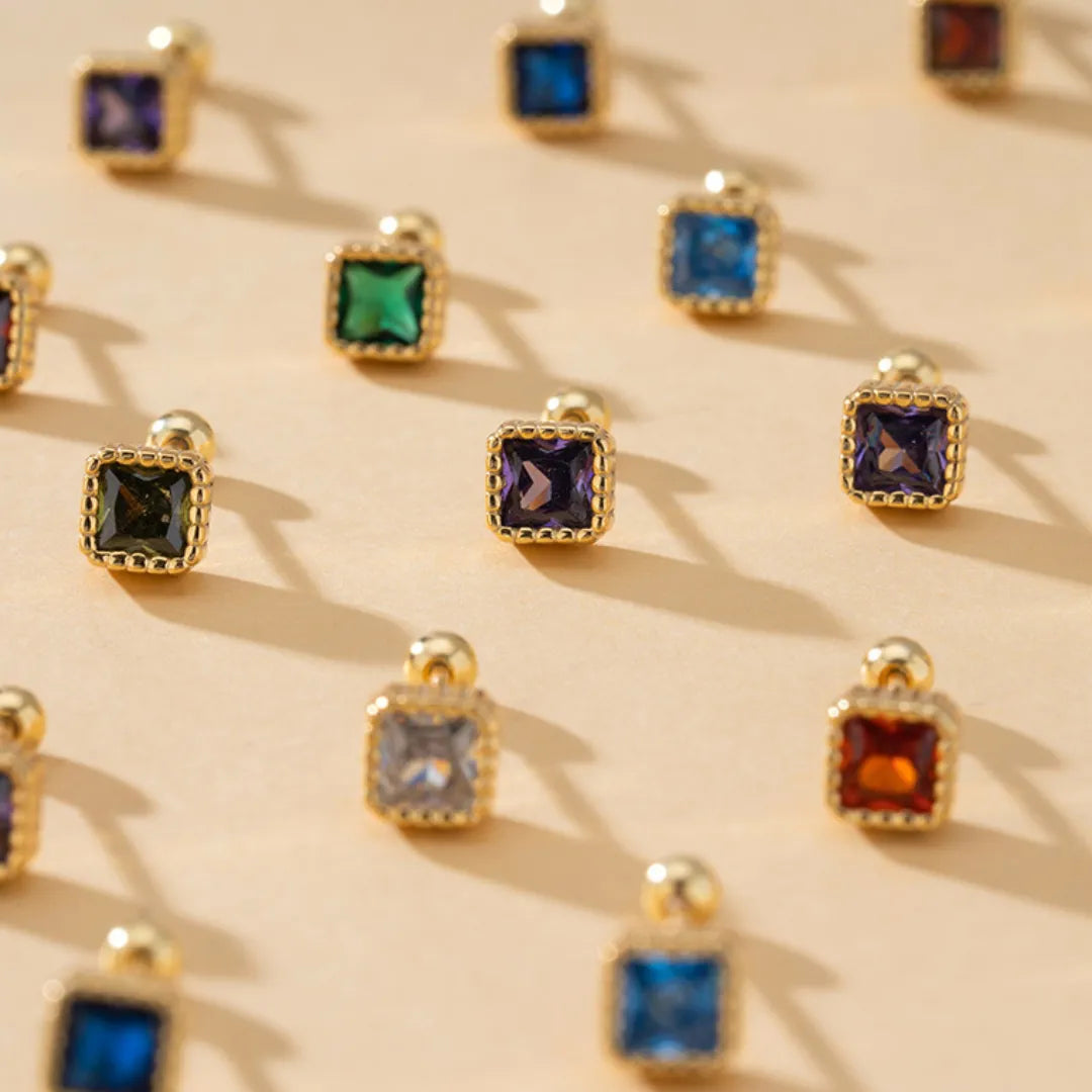 Birthstone Sugar Cube Stud Earrings in 925 Sterling Silver