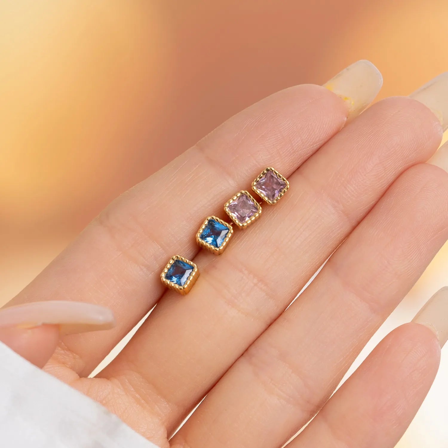 Birthstone Sugar Cube Stud Earrings in 925 Sterling Silver
