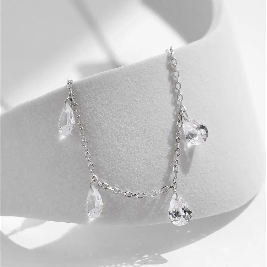 925 Sterling Silver Choker Necklace Teardrop Cubic Zirconia Multi Drop