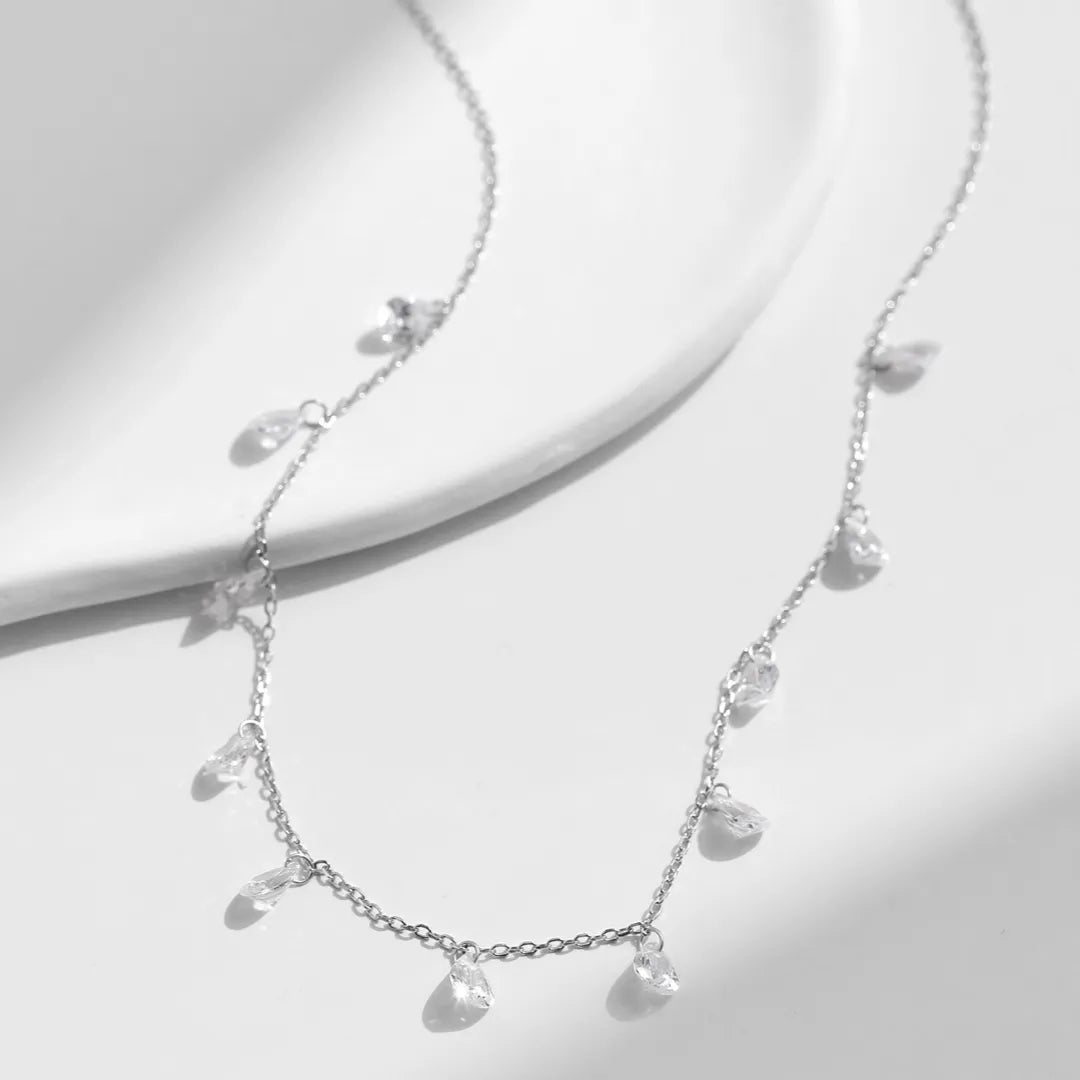 925 Sterling Silver Choker Necklace Teardrop Cubic Zirconia Multi Drop