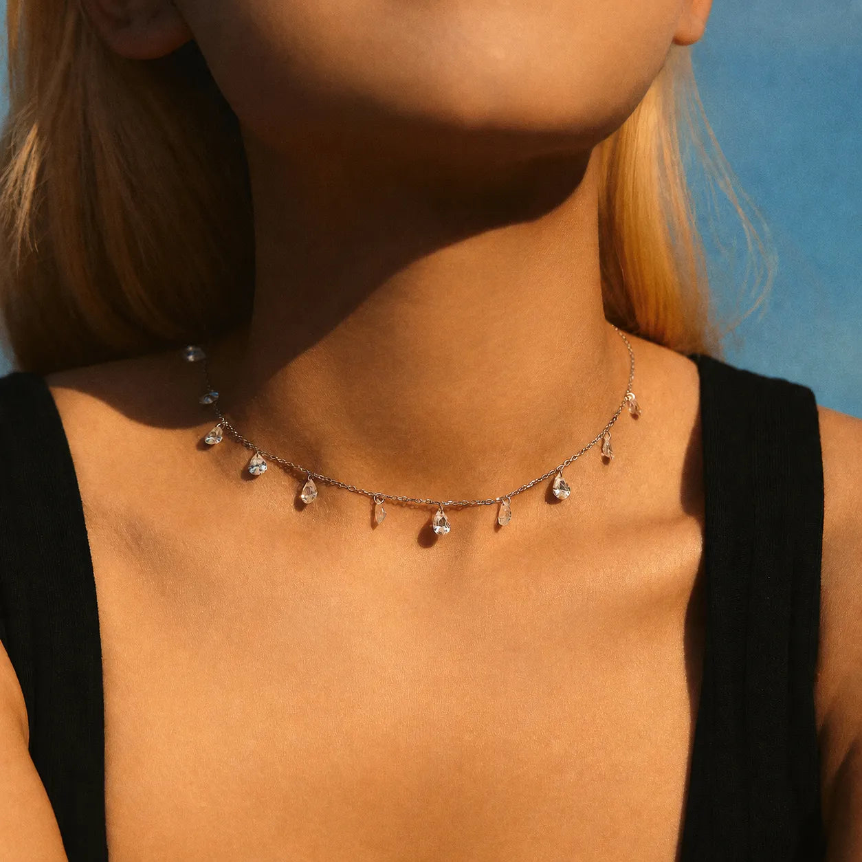 925 Sterling Silver Choker Necklace Teardrop Cubic Zirconia Multi Drop