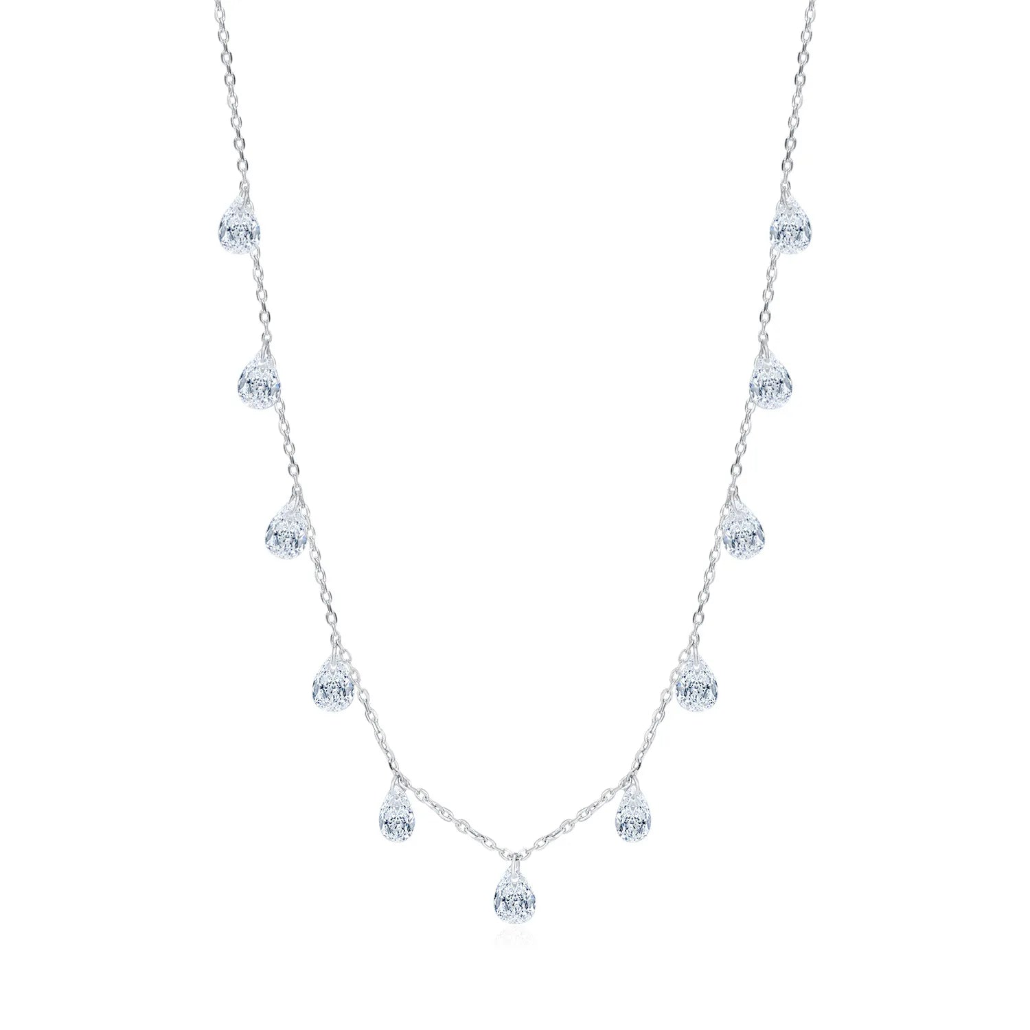925 Sterling Silver Choker Necklace Teardrop Cubic Zirconia Multi Drop